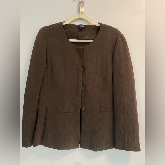 Eileen Fisher Jackets & Blazers - Eileen Fisher Dark Olive Green Brown Silk Blend Hook & Eye Textured Blazer Small